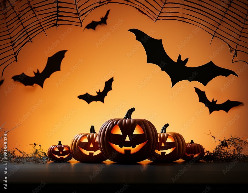 Fototapeta premium Minimalist Halloween lighted pumpkin, with bat, and orange background, 3D rendering