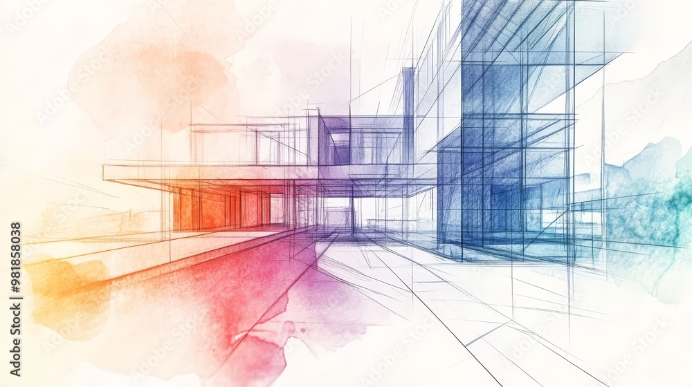 Fototapeta premium Watercolor Abstract Architecture Blueprint Sketch Design