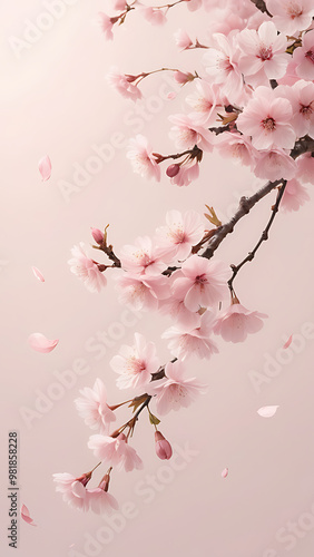 An elegant Japanese cherry blossom tree with delicate pink petals falling softly against a light pastel background, creating a tranquil and beautiful mobile wallpaper.