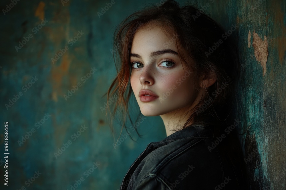 Fototapeta premium Young woman with air of mystery in modern casual style against vintage backdrop