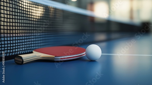 Close-up of a table tennis bat and ball on a blue table with a net in the background