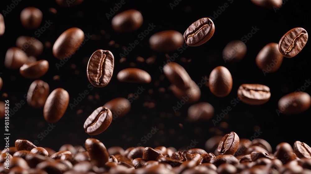 Roasted Coffee Beans Falling on Black Background Roasted Coffee Beans Falling on Black Background