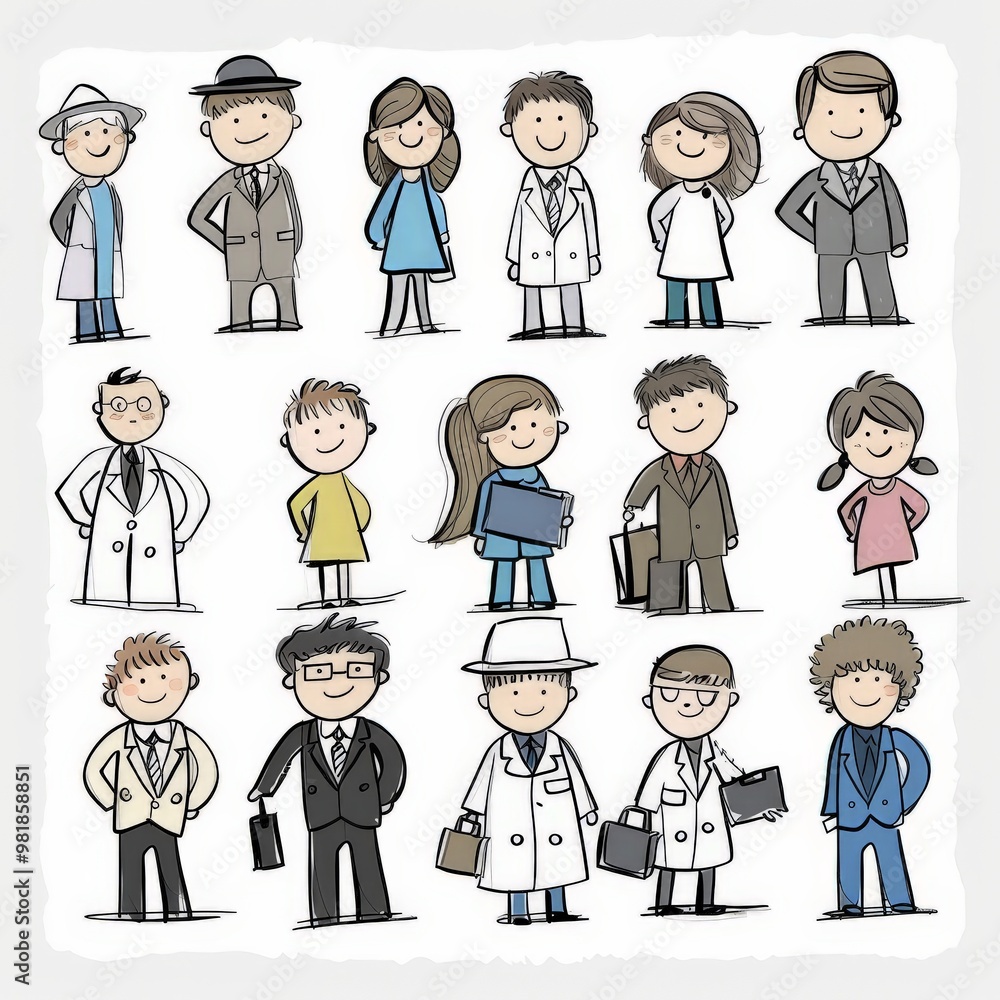 A group of stickmans with different roles: lawyer, doctor, professor, student, programmer, biologist. White background, hand draw style. A group of stickmans with different roles: lawyer, doctor, professor, student, programmer, biologist. White background, hand draw style.