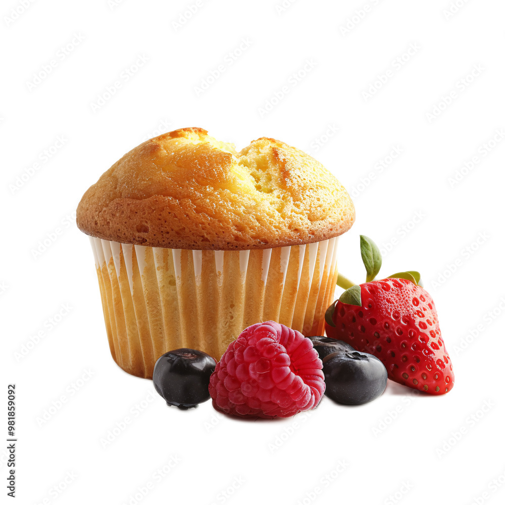 3D illustration of a muffin with a side of fresh fruit, ultra-sharp and clear, isolated on a white background 3D illustration of a muffin with a side of fresh fruit, ultra-sharp and clear, isolated on a white background
