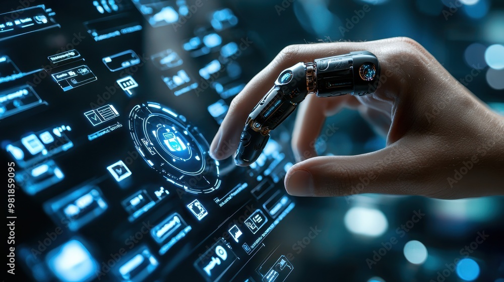 Fototapeta premium Cybernetic Hand Interacting with Futuristic Interface