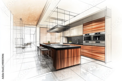 Modern kitchen design sketch with wooden cabinets and a black countertop.