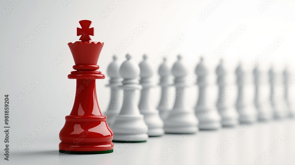 3D rendering of a red chess king piece leading a row of white pawns on a white background 3D rendering of a red chess king piece leading a row of white pawns on a white background