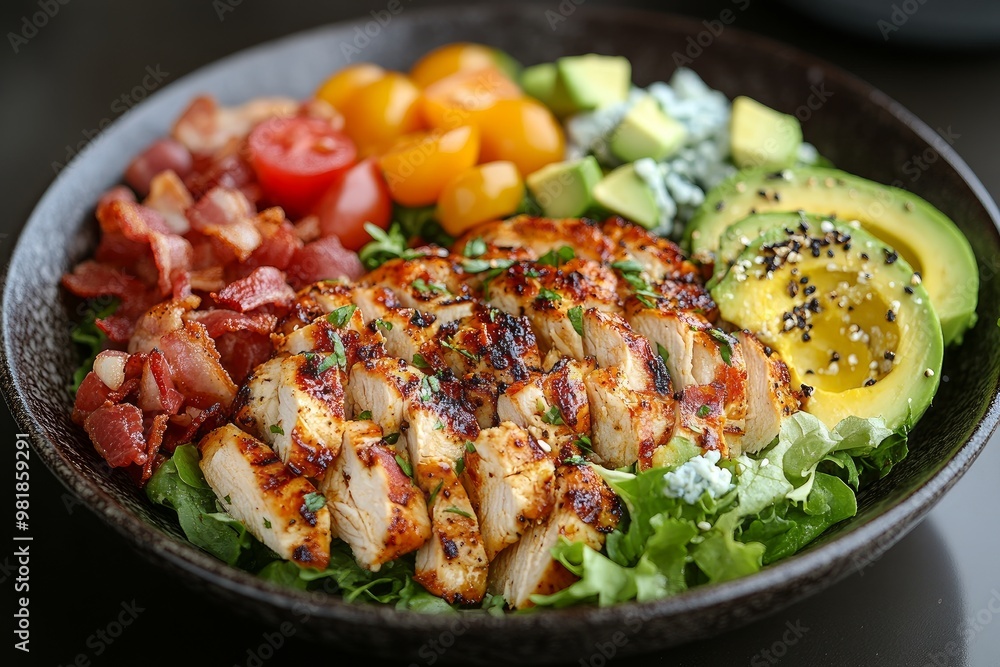 Cobb salad, American food, fresh salad, healthy meal, classic salad, crisp lettuce, avocado, grilled chicken, bacon bits, blue cheese, hard-boiled eggs, cherry tomatoes, ranch dressing, creamy dressin Cobb salad, American food, fresh salad, healthy meal, classic salad, crisp lettuce, avocado, grilled chicken, bacon bits, blue cheese, hard-boiled eggs, cherry tomatoes, ranch dressing, creamy dressin