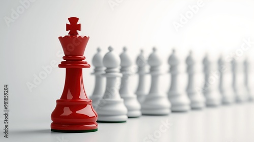 3D rendering of a red chess king piece leading a row of white pawns on a white background