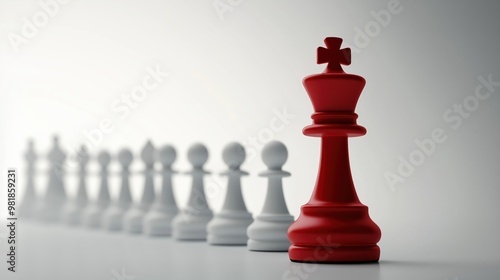 3D rendering of a red chess king piece leading a row of white pawns on a white background