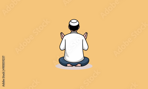 Muslim man in prayer from behind, hands raised in supplication