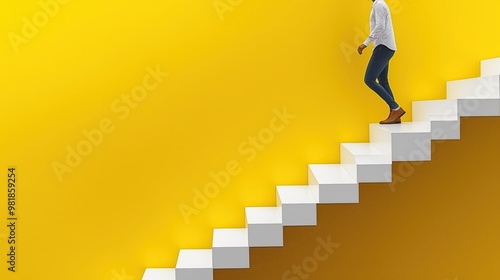 Person coming white downstairs on a yellow background photo