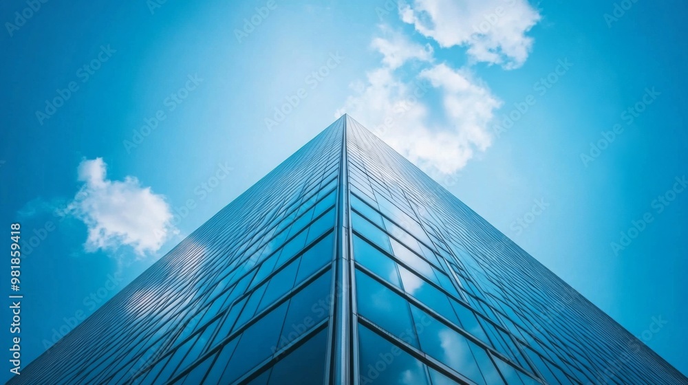 A tall building with a modern style and reflective glass windows, under a clear blue sky A tall building with a modern style and reflective glass windows, under a clear blue sky