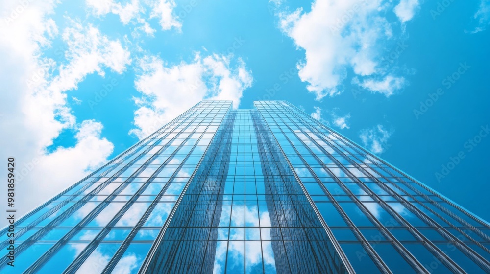Fototapeta premium A tall building with a modern design and reflective glass windows, contrasting with the sky.