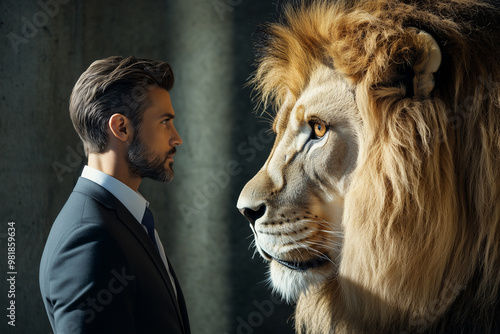 Business man meeting with a lion for deal business, brave and against big deal