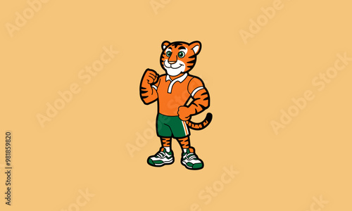 Strong cartoon tiger character in sports outfit