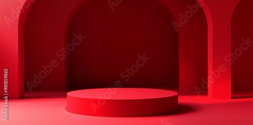 3D render of a red podium with a round platform in the center, designed as an empty space mockup for product presentation. The vibrant red background adds a striking contrast to the minimalistic scene