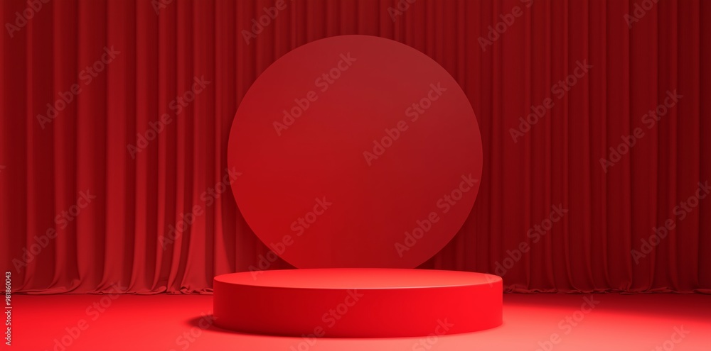 3D render of a red podium with a round platform in the center, designed as an empty space mockup for product presentation. The vibrant red background adds a striking contrast to the minimalistic scene 3D render of a red podium with a round platform in the center, designed as an empty space mockup for product presentation. The vibrant red background adds a striking contrast to the minimalistic scene