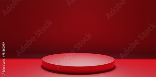 3D render of a red podium with a round platform in the center, designed as an empty space mockup for product presentation. The vibrant red background adds a striking contrast to the minimalistic scene