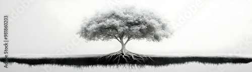 Levitating White Tree Concept: Medium Shot of a Floating White Tree with Exposed Roots, Camera Rotates to Emphasize Growth and Strong Foundations on Isolated White Background photo