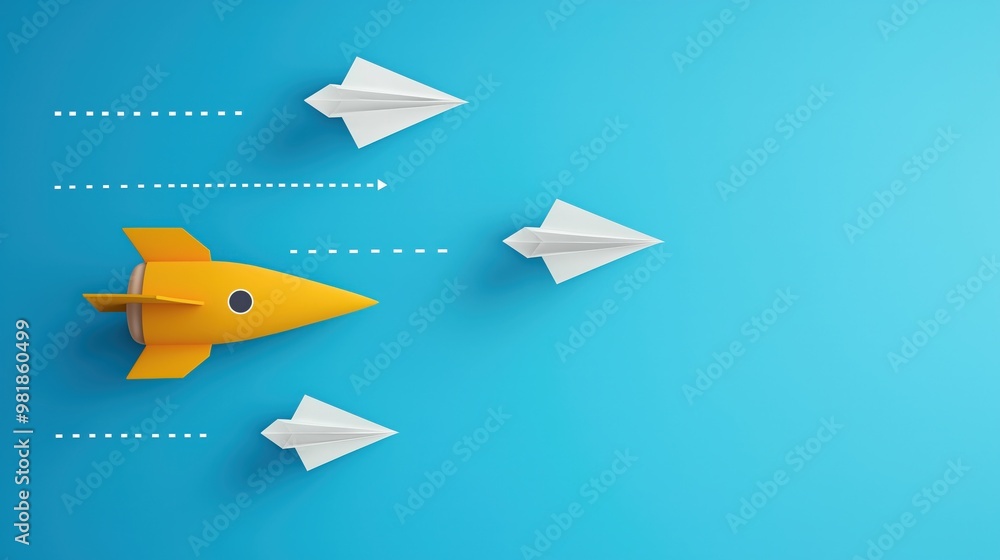 Yellow paper rocket flying with white rockets on a blue background Yellow paper rocket flying with white rockets on a blue background