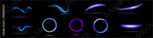 Neon swirl. Curve blue line light effect. Abstract ring background with glowing swirling background. Energy flow tunnel. Blue portal, platform. Magic circle vector.