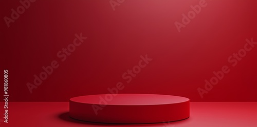 3D render of a red podium with a round platform in the center, designed as an empty space mockup for product presentation. The vibrant red background adds a striking contrast to the minimalistic scene