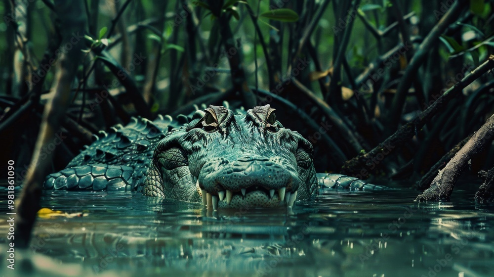 Fototapeta premium Mysterious Green Alligator Lurking in Murky Swamp Lagoon with Reflection