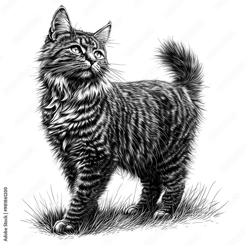 Fototapeta premium Detailed Black and White Sketch of a Standing Striped Cat. Generative AI