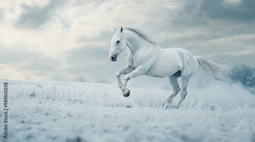 white horse running through snowy field in winter wonderland white horse running through snowy field in winter wonderland