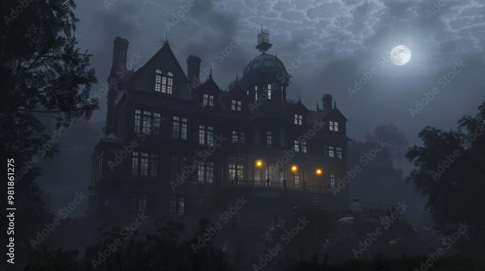 Mysterious Moonlit Mansion in Misty Gothic Landscape at Night Mysterious Moonlit Mansion in Misty Gothic Landscape at Night