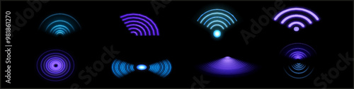 Wifi wave light effect. Radar sensor, beep technology, digital sign.Transparent neon circle symbol. wireless internet connection