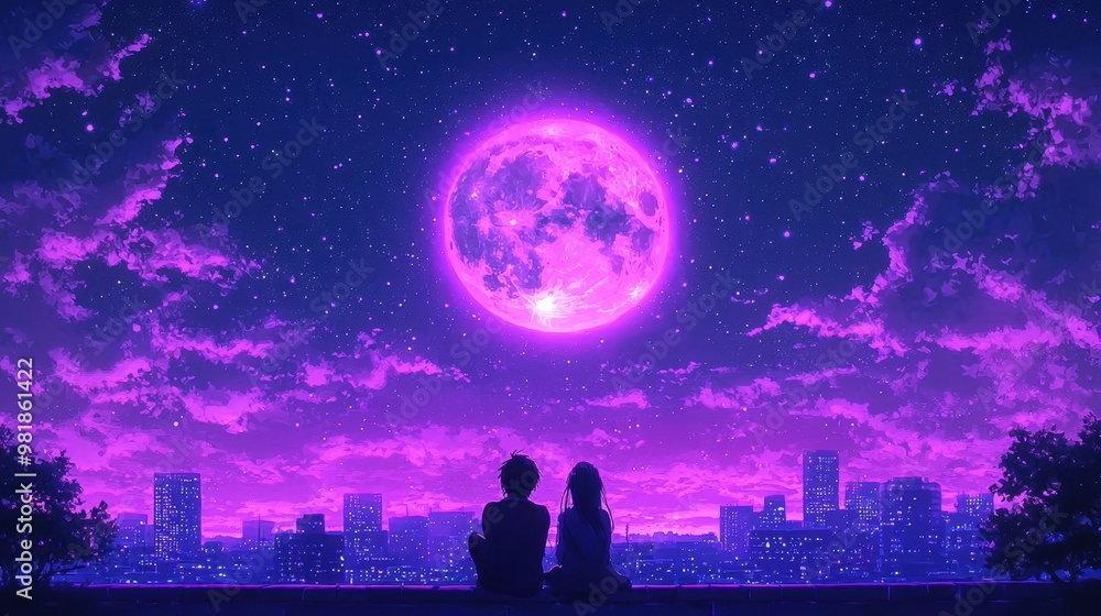 Couple Silhouettes on Rooftop with Pink Moon and City Lights Couple Silhouettes on Rooftop with Pink Moon and City Lights