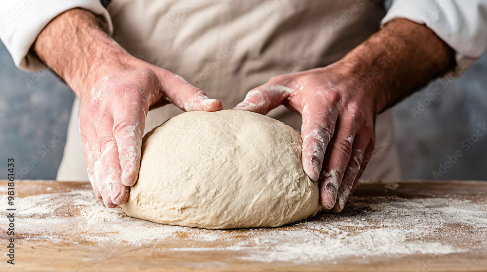 Kneading gluten free dough made from rice flour, baker skillfully works dough with hands covered in flour, showcasing art of baking Kneading gluten free dough made from rice flour, baker skillfully works dough with hands covered in flour, showcasing art of baking