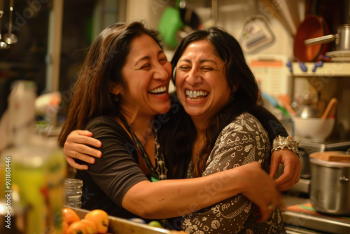 Two Hispanic women laughing heartily while embracing in a warmly lit kitchen, sharing a candid moment of joy.