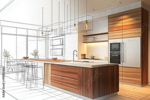Modern kitchen with wooden cabinets and a sketch of the layout overlayed.