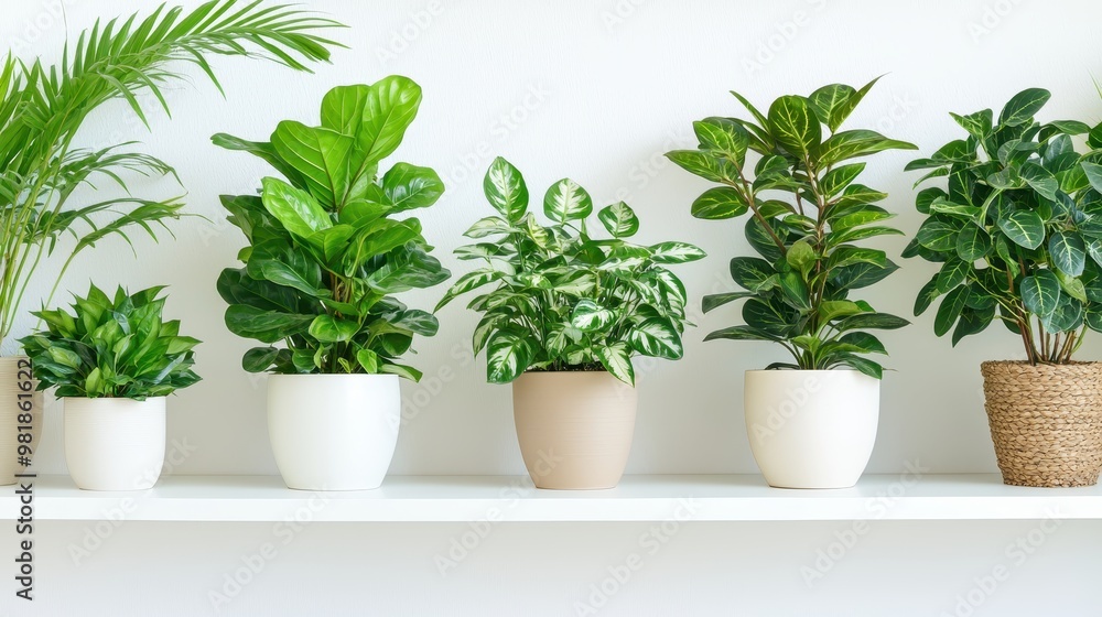 Green Plants in White Pots on White Shelf Green Plants in White Pots on White Shelf