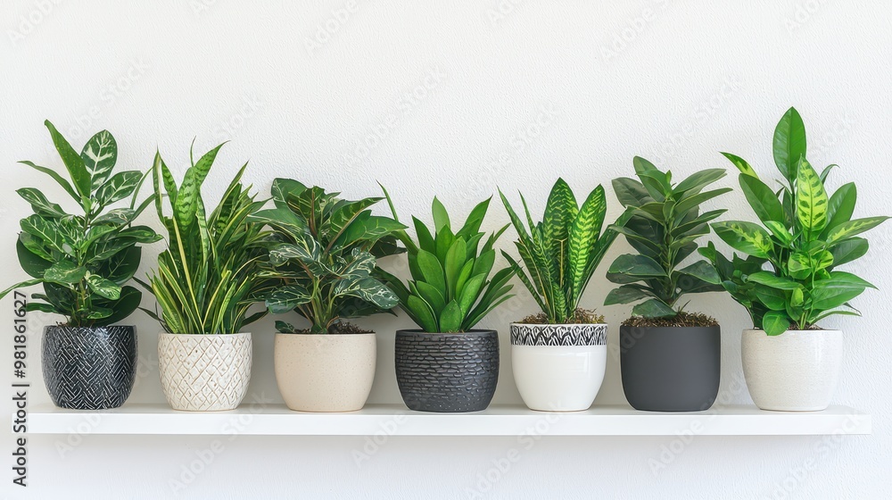 Green Plants in Stylish Pots on White Shelf Green Plants in Stylish Pots on White Shelf