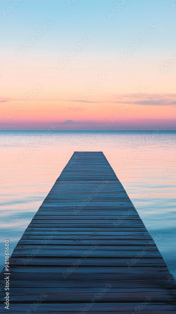 Fototapeta premium serene wooden dock leading to a calm pink and blue sunset sky over water