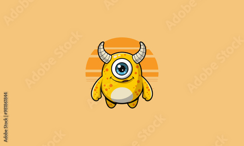 Adorable yellow cyclops monster with horns and a big smile