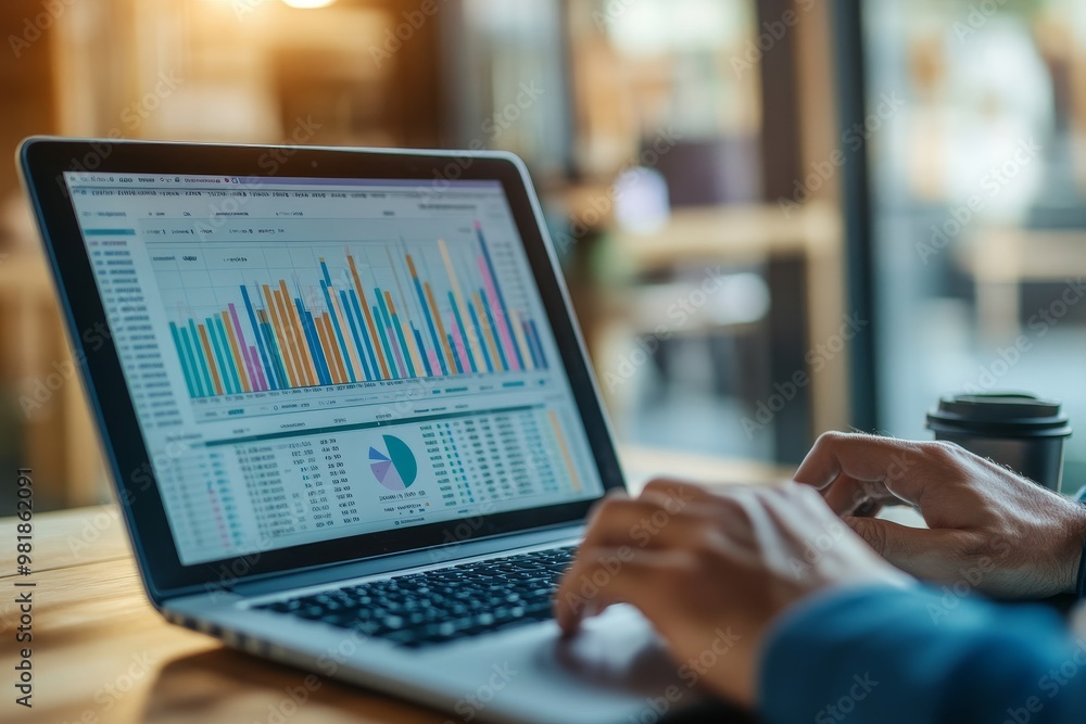 Close-up of hands typing on a laptop with a spreadsheet and graphs on the screen, in a cafe setting. Close-up of hands typing on a laptop with a spreadsheet and graphs on the screen, in a cafe setting.