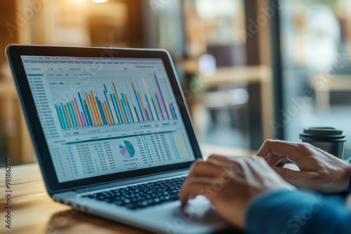 Close-up of hands typing on a laptop with a spreadsheet and graphs on the screen, in a cafe setting.