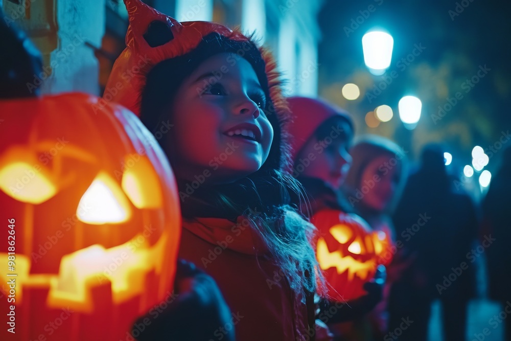 Little Girl in a Halloween Costume Holding a Jack-o'-Lantern Little Girl in a Halloween Costume Holding a Jack-o'-Lantern