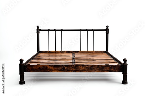 Elegant vintage bed frame with a wooden structure and classic design, perfect for enhancing bedroom aesthetics. photo