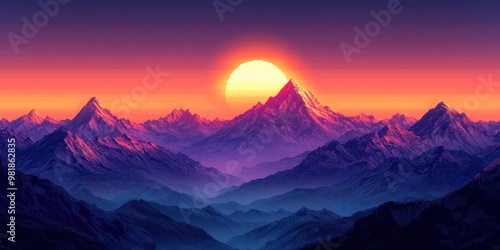 Pixelated Mountain Range at Sunset with a Large Sun