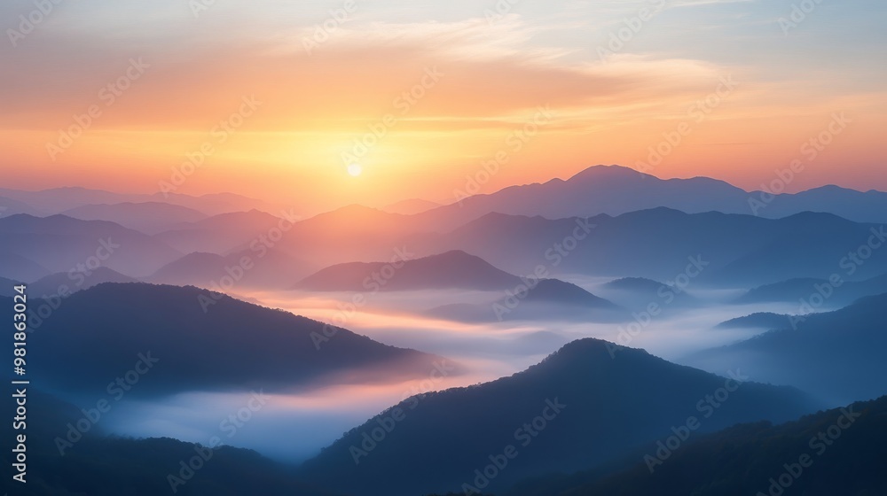 Misty Mountain Sunrise with Rolling Hills and a Golden Sky Misty Mountain Sunrise with Rolling Hills and a Golden Sky