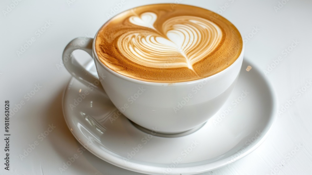 A white coffee cup with a heart design on it sits on a white plate A white coffee cup with a heart design on it sits on a white plate