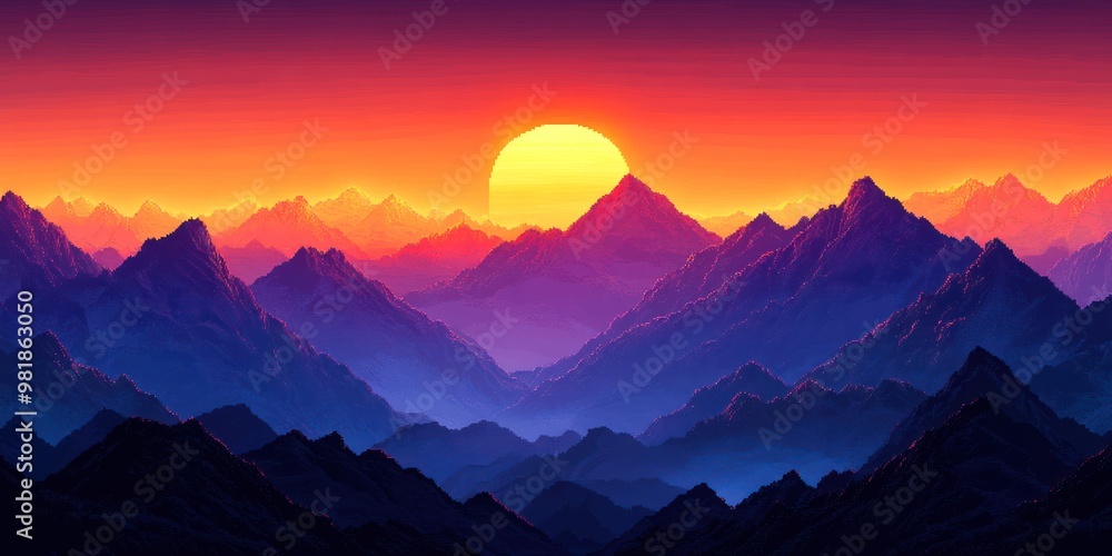 A Pixelated Sunset Over Silhouetted Mountains A Pixelated Sunset Over Silhouetted Mountains