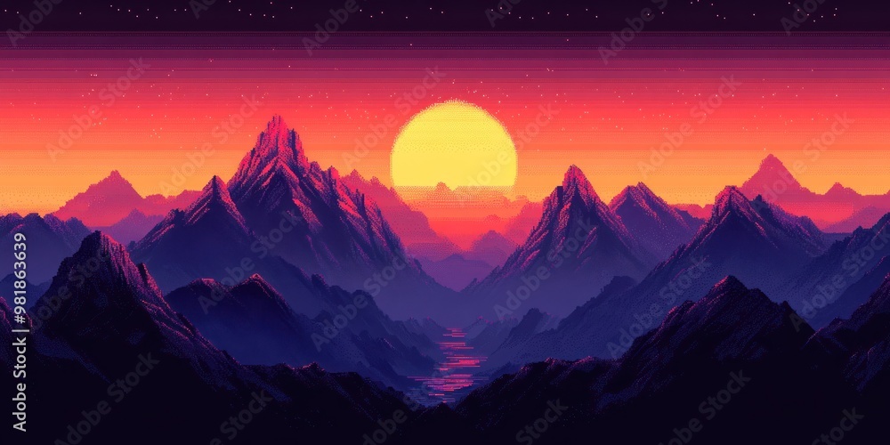 Fototapeta premium Sunset over Pixelated Mountain Range with River