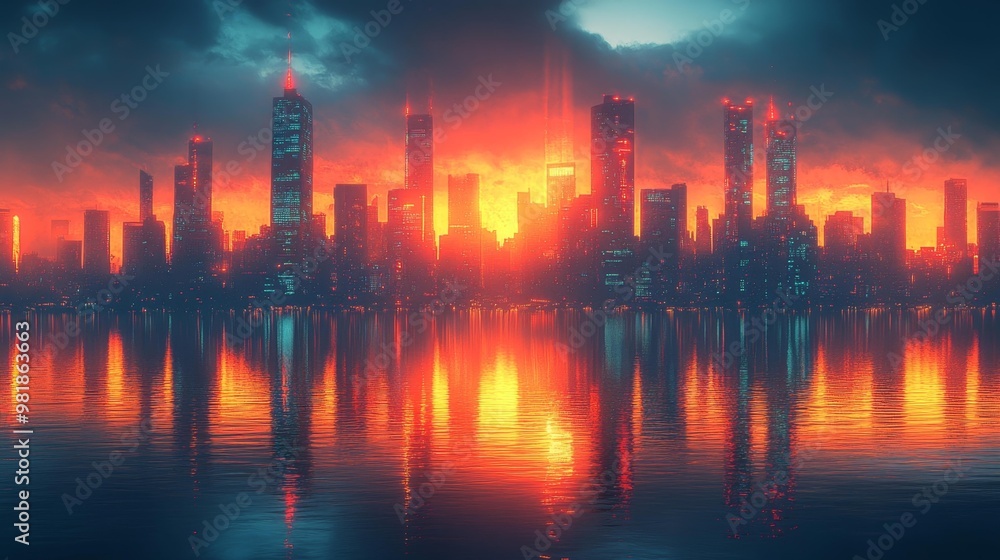 Dystopian City Skyline at Sunset Generative AI Dystopian City Skyline at Sunset Generative AI